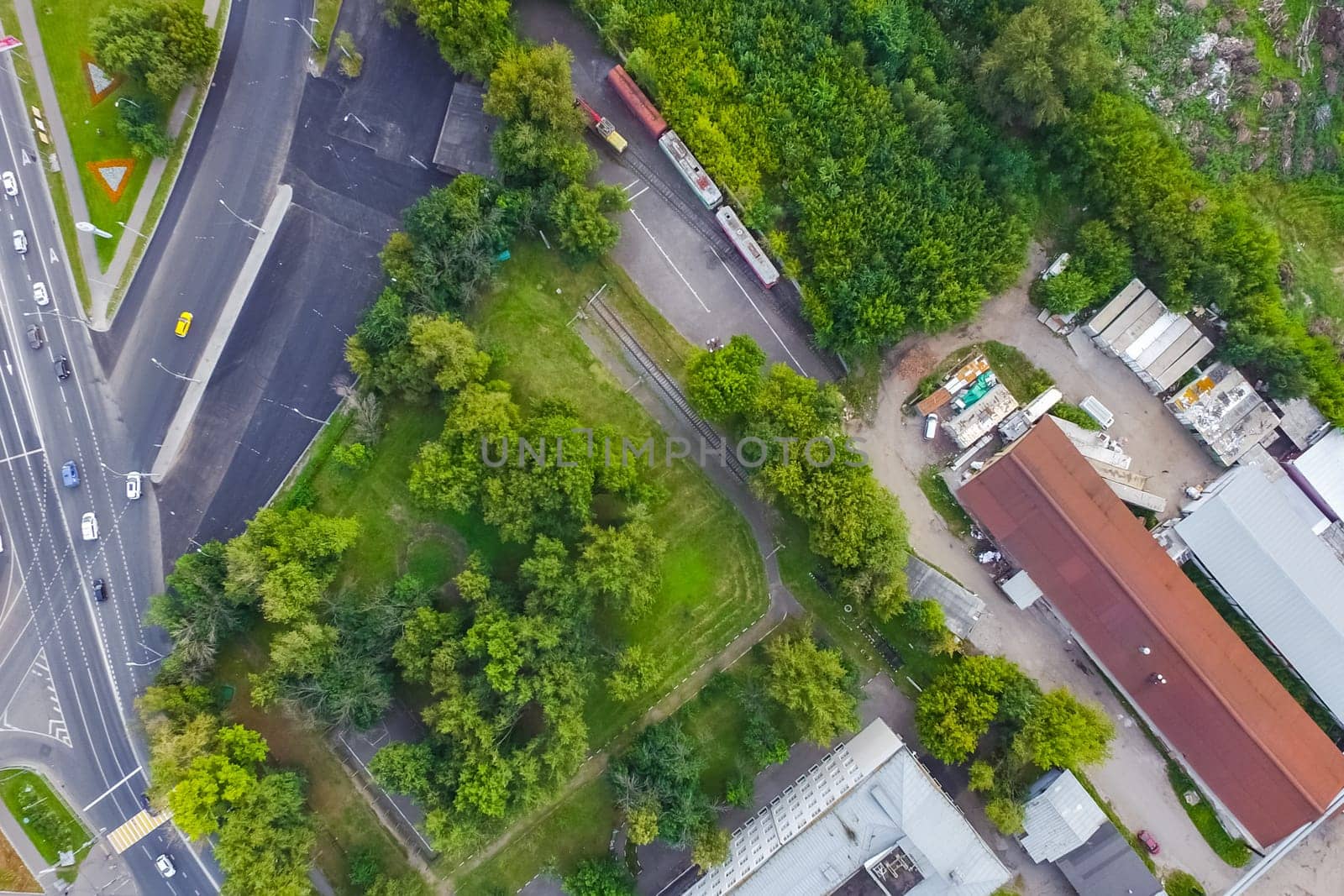 Top view of the city of Moscow, buildings and roads and other infrastructure of the city. Cityscape view from above.