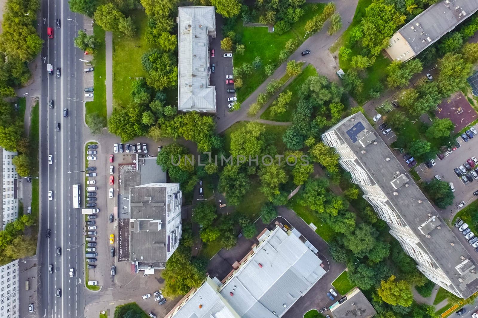 Top view of the city of Moscow, buildings and roads and other infrastructure of the city. Cityscape view from above.