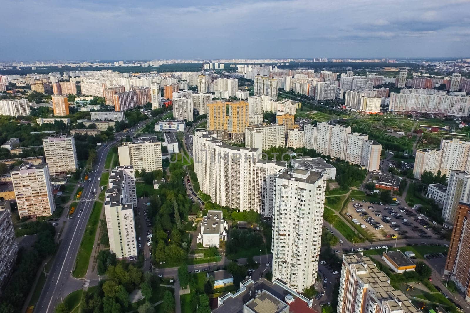 Top view of the city of Moscow, buildings and roads and other infrastructure of the city. Cityscape view from above.