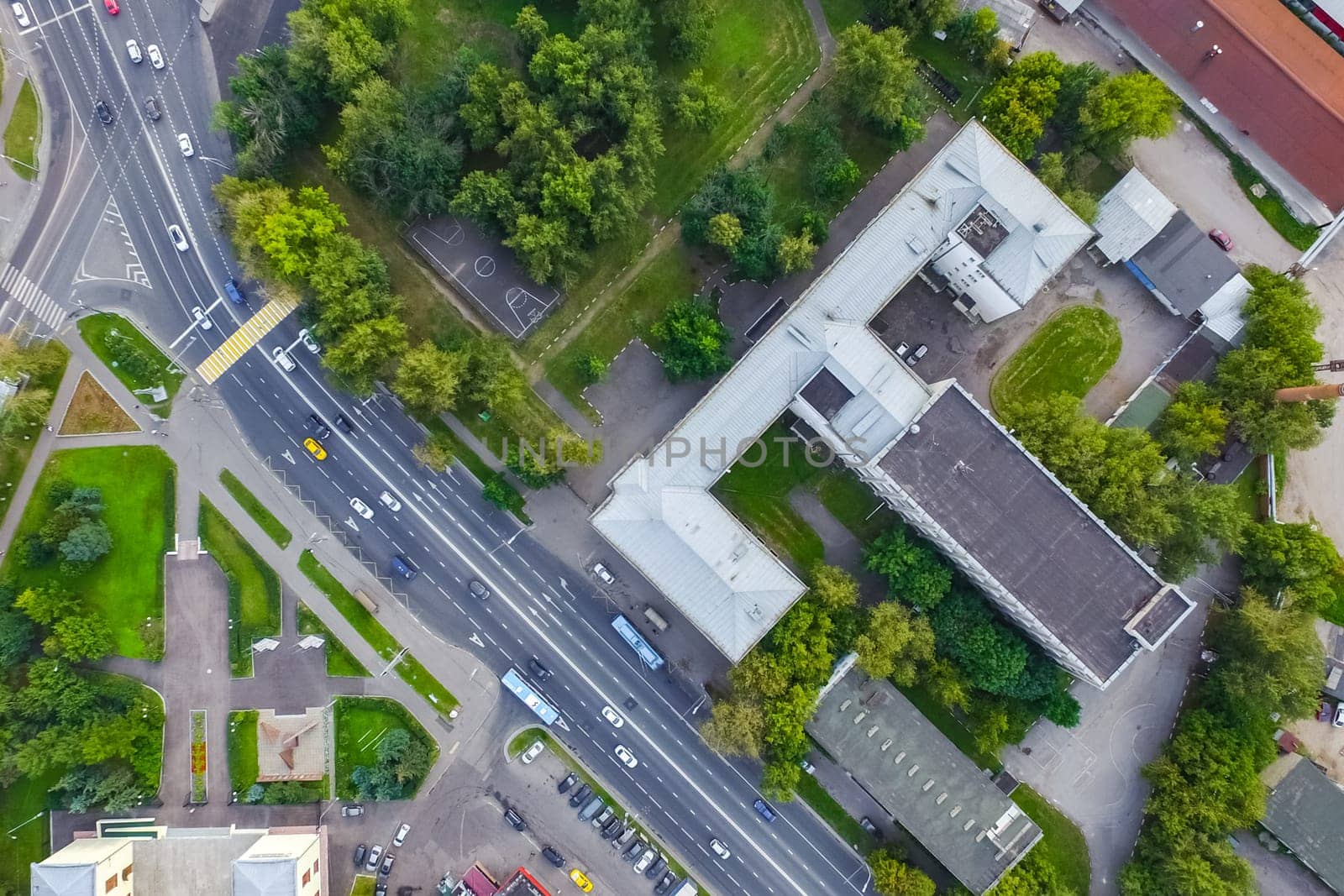 Top view of the city of Moscow, buildings and roads and other infrastructure of the city. Cityscape view from above.