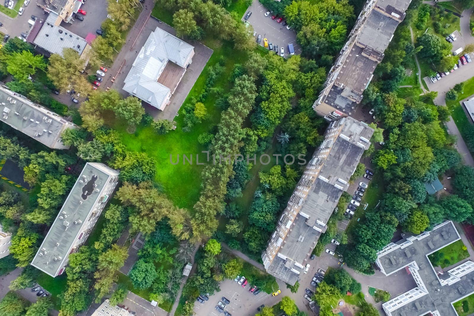 Top view of the city of Moscow, buildings and roads and other infrastructure of the city. Cityscape view from above.