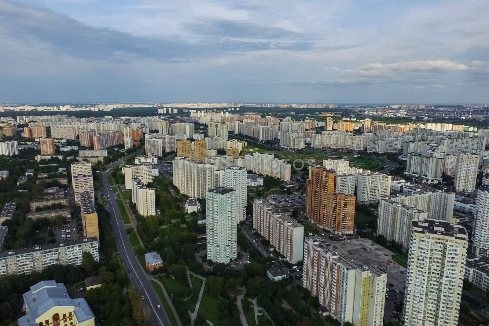 Top view of the city of Moscow, buildings and roads and other infrastructure of the city. Cityscape view from above.