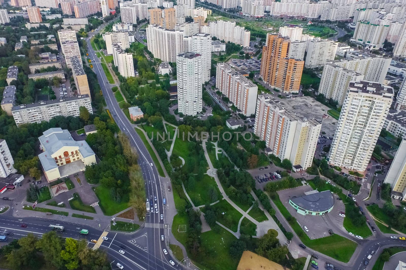 Top view of the city of Moscow, buildings and roads and other infrastructure of the city. Cityscape view from above.