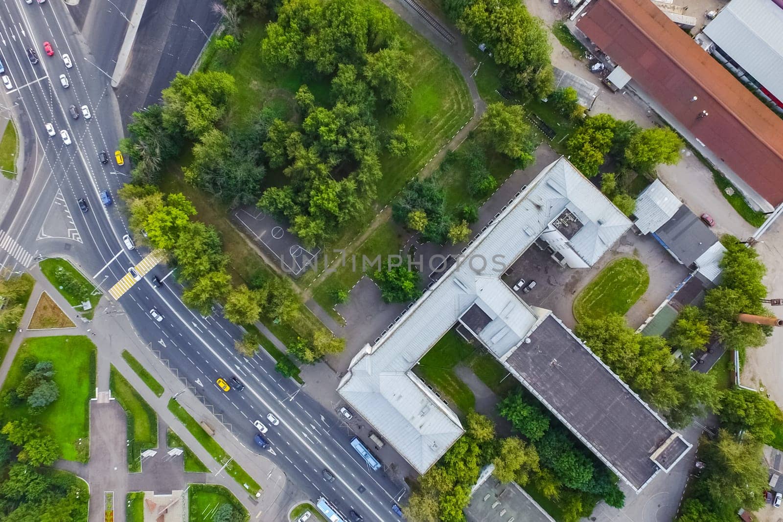 Top view of the city of Moscow, buildings and roads and other infrastructure of the city. Cityscape view from above.