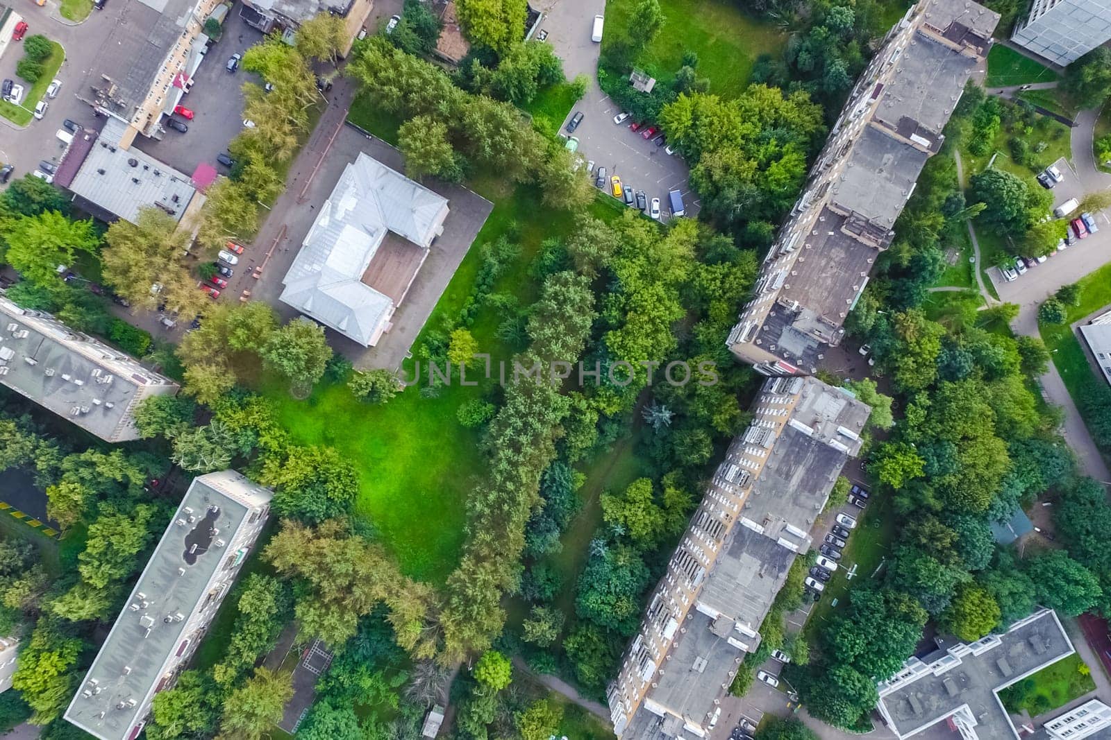Top view of the city of Moscow, buildings and roads and other infrastructure of the city. Cityscape view from above.