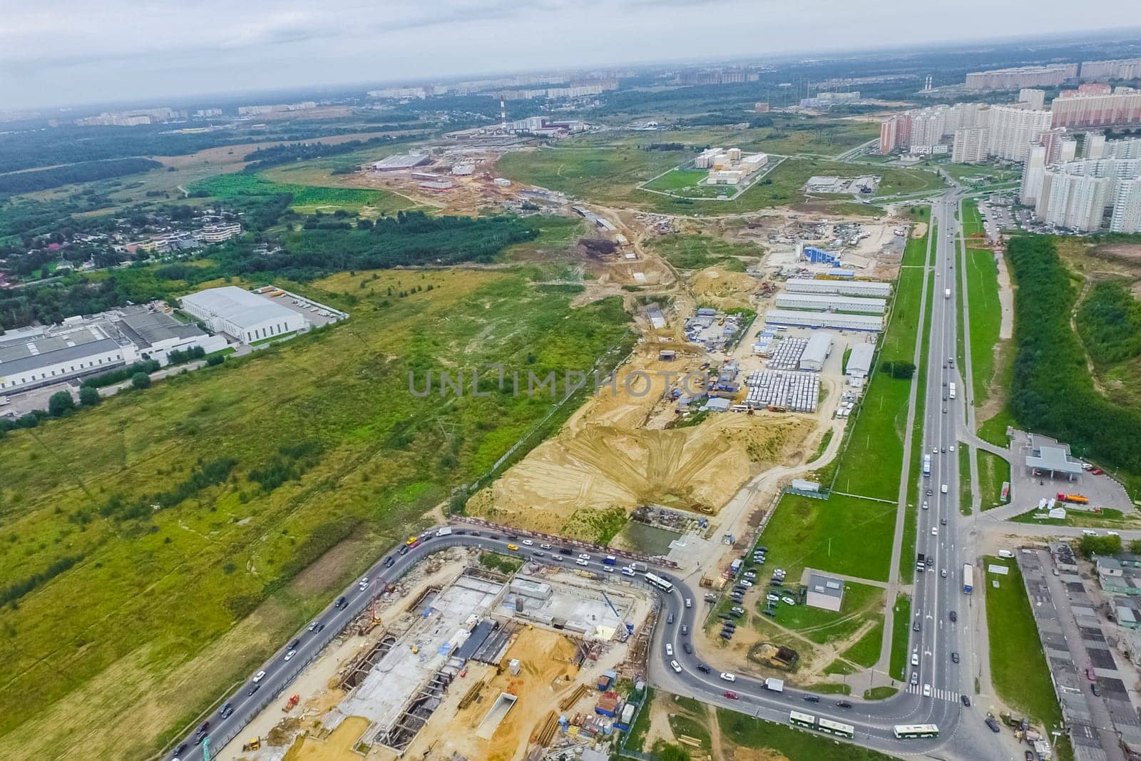 Top view of the city of Moscow, buildings and roads and other infrastructure of the city. Cityscape view from above.