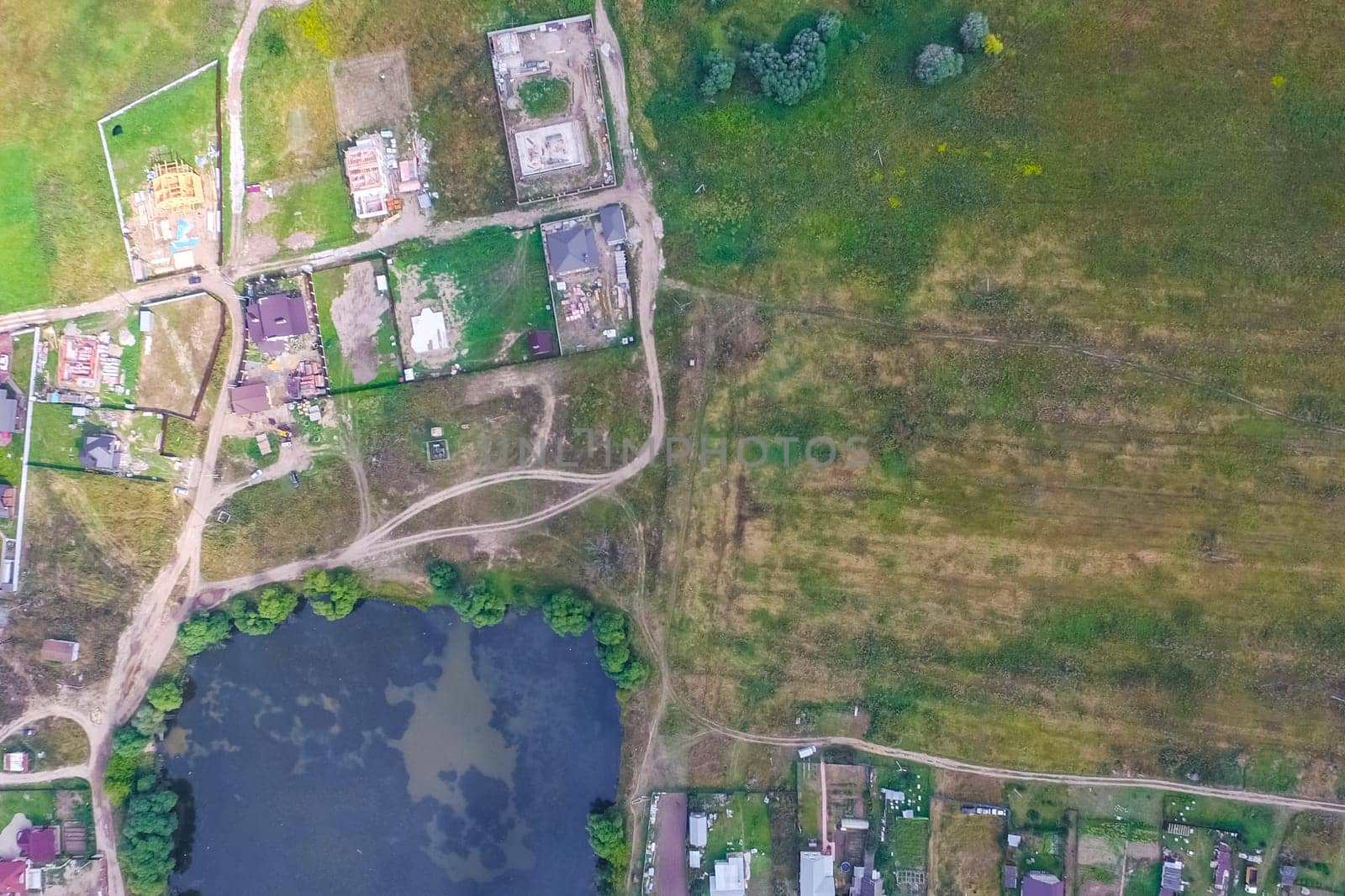 Top view of the village, fields and forests near the village