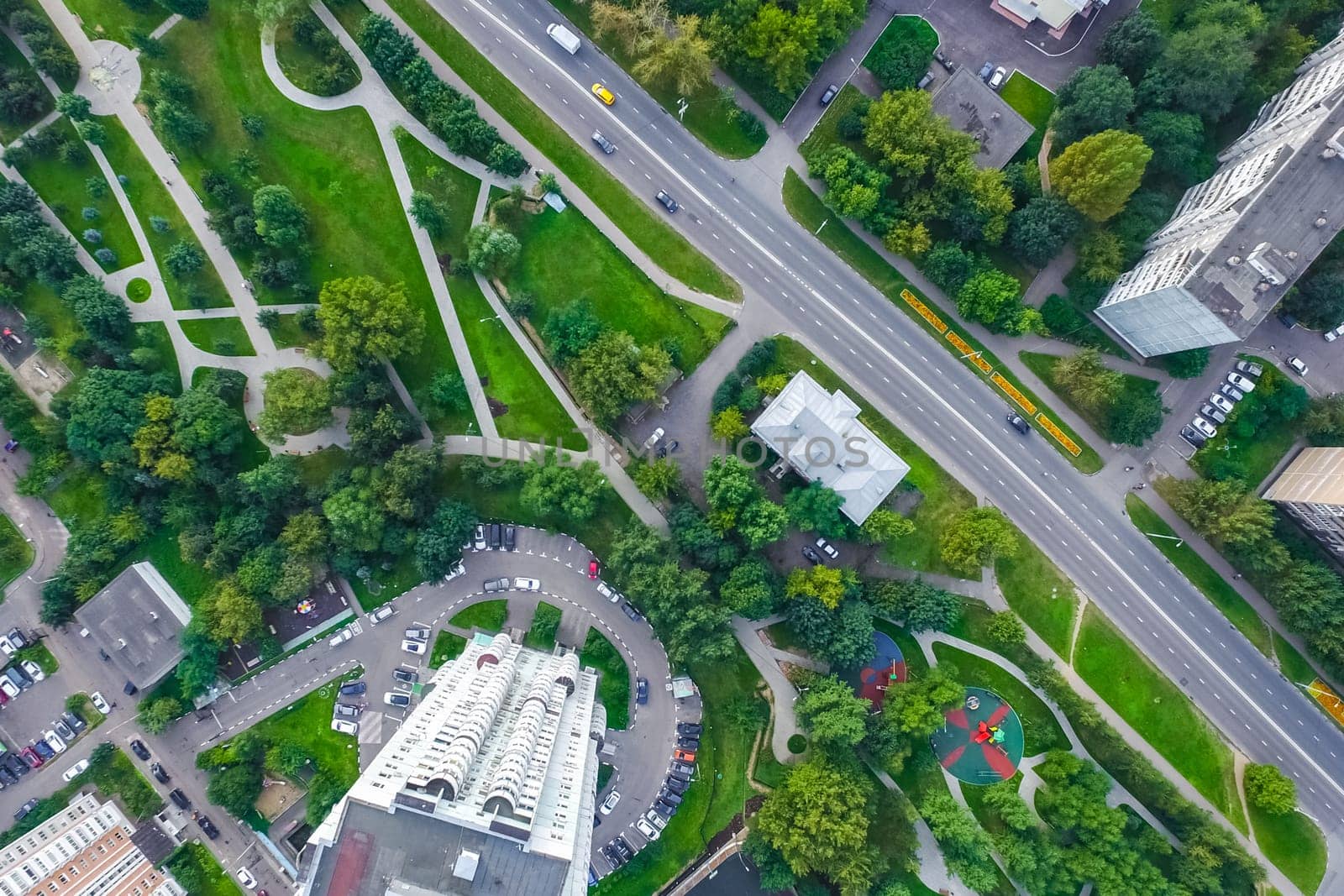 Top view of the city of Moscow, buildings and roads and other infrastructure of the city. Cityscape view from above.