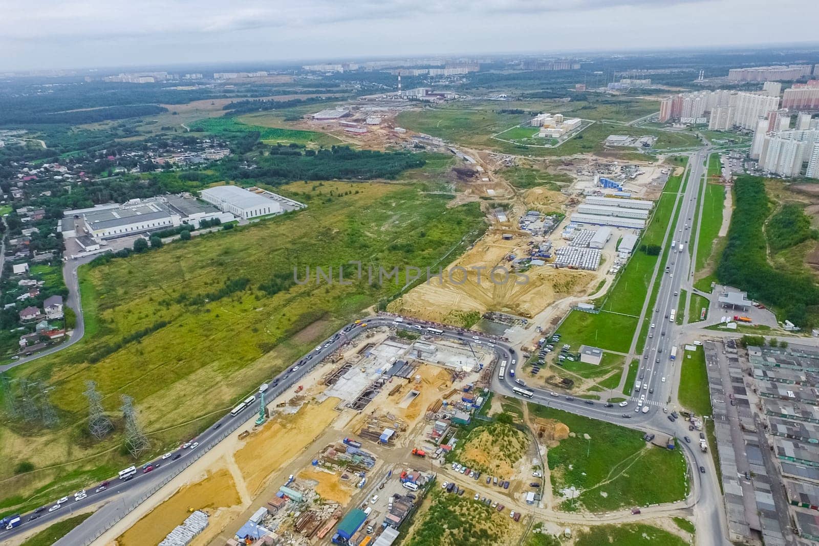 Top view of the city of Moscow, buildings and roads and other infrastructure of the city. Cityscape view from above.