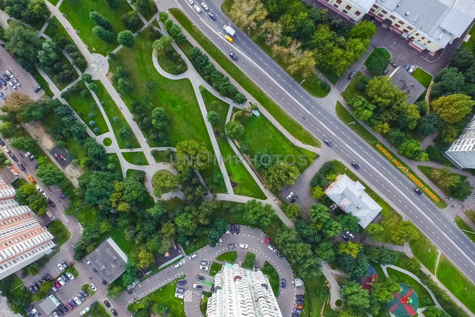 Top view of the city of Moscow, buildings and roads and other infrastructure of the city. Cityscape view from above.
