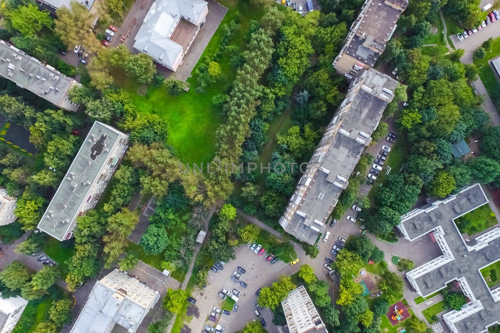 Top view of the city of Moscow, buildings and roads and other infrastructure of the city. Cityscape view from above.