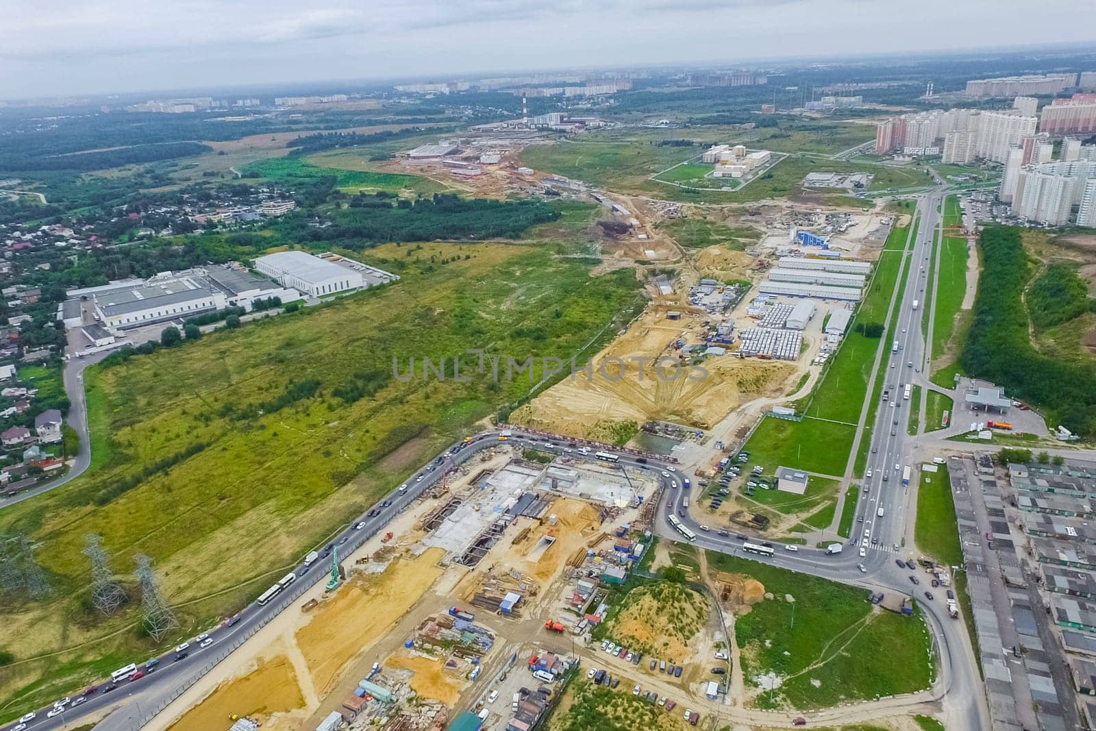 Top view of the city of Moscow, buildings and roads and other infrastructure of the city. Cityscape view from above.