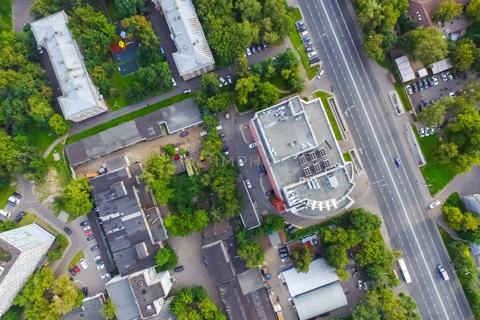 Top view of the city of Moscow, buildings and roads and other infrastructure of the city. Cityscape view from above.