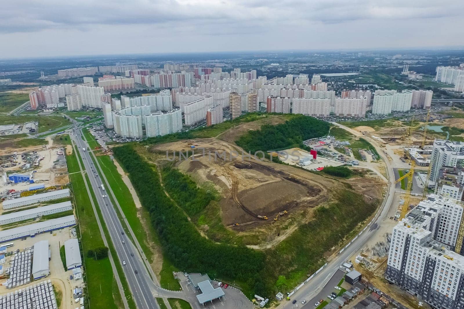 Top view of the city of Moscow, buildings and roads and other infrastructure of the city. Cityscape view from above.