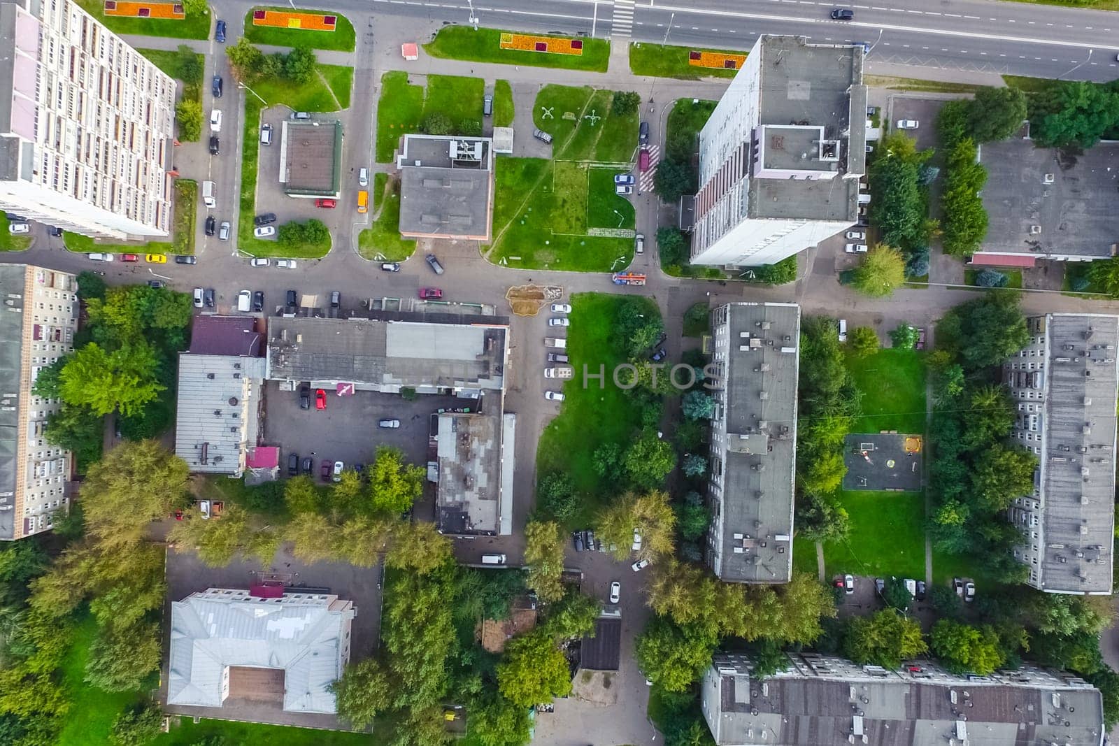 Top view of the city of Moscow, buildings and roads and other infrastructure of the city. Cityscape view from above.
