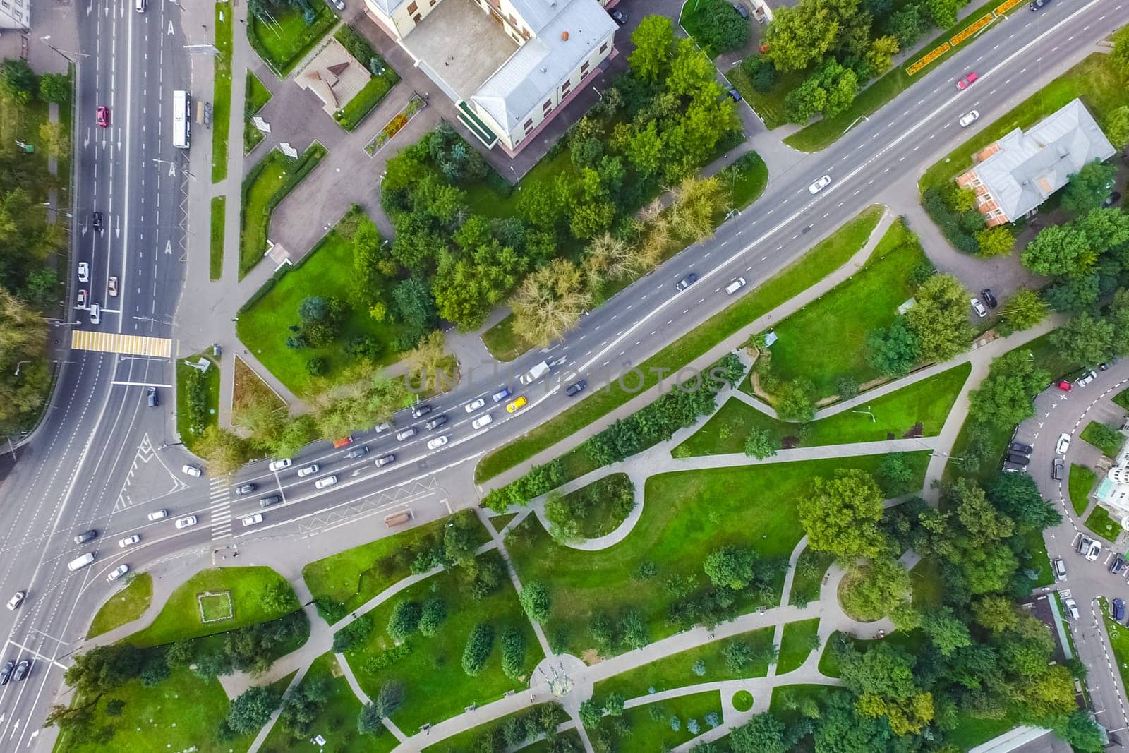 Top view of the city of Moscow, buildings and roads and other infrastructure of the city. Cityscape view from above.