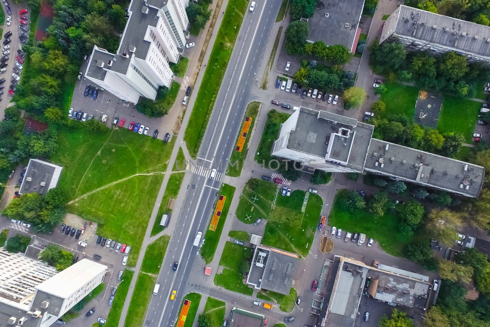 Top view of the city of Moscow, buildings and roads and other infrastructure of the city. Cityscape view from above.