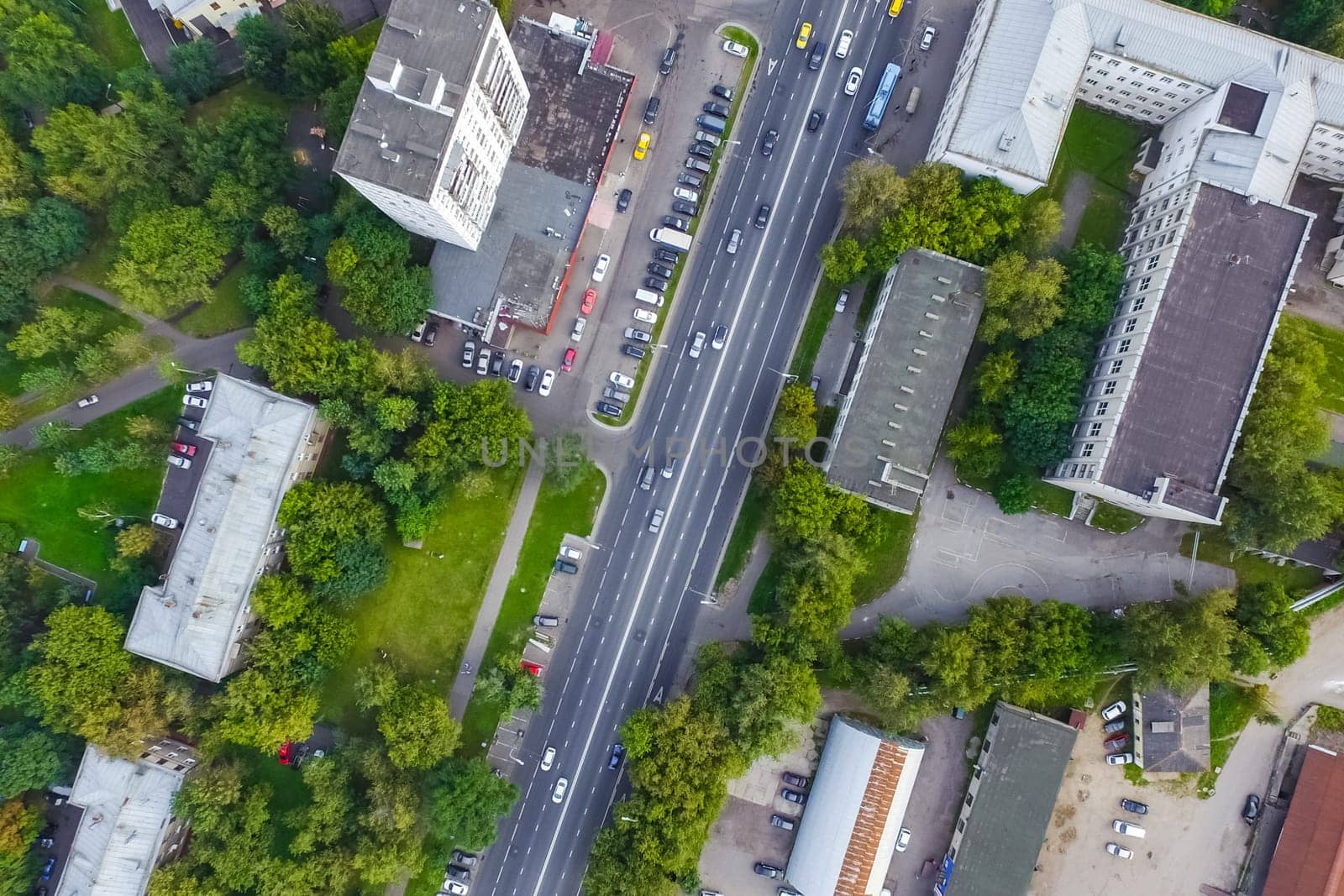 Top view of the city of Moscow, buildings and roads and other infrastructure of the city. Cityscape view from above.