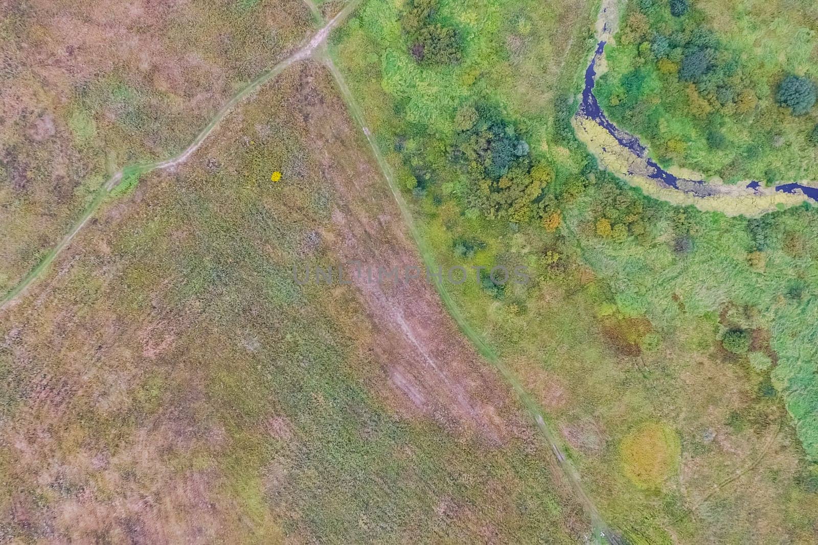 Top view of the village, fields and forests near the village