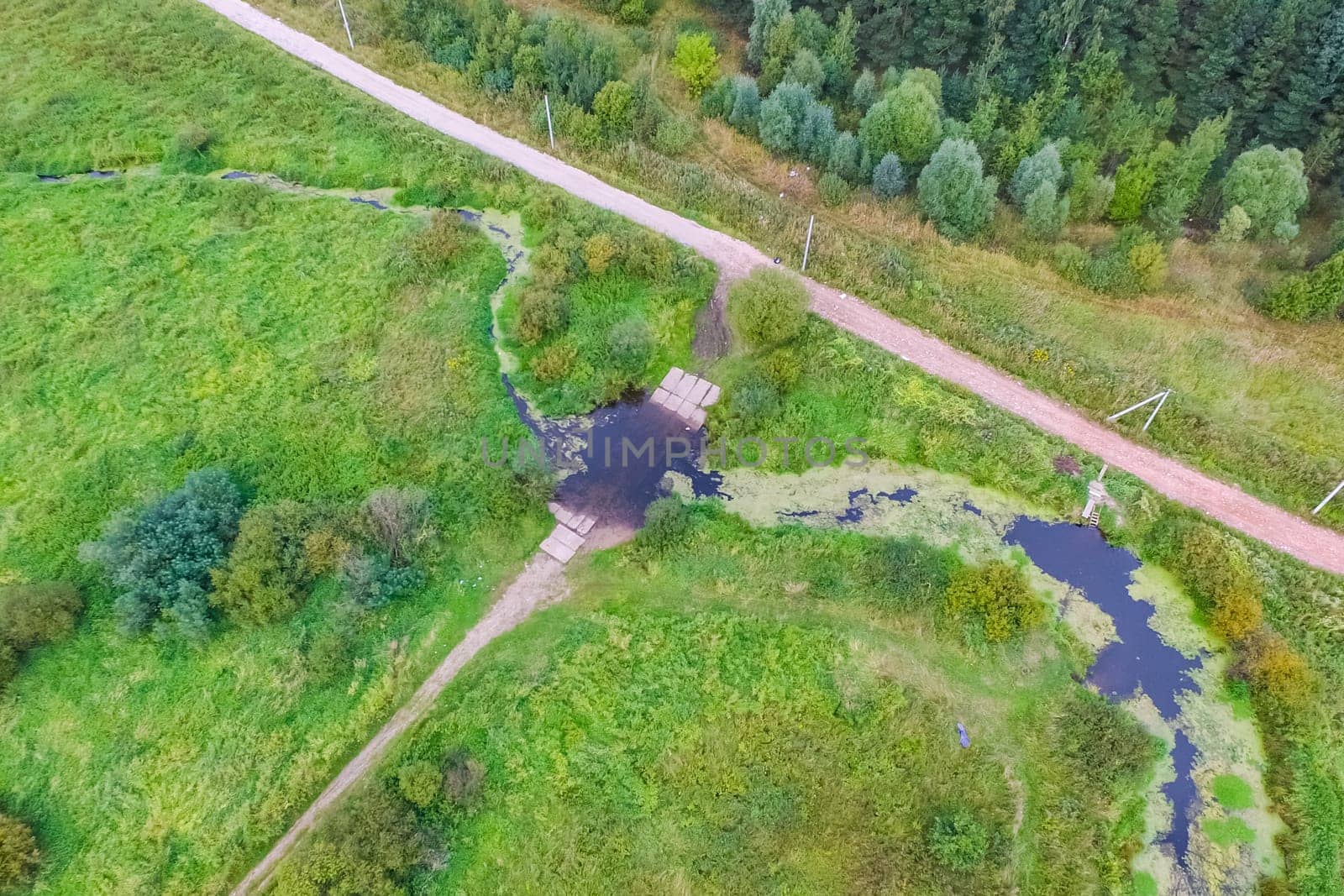 Top view of the village, fields and forests near the village