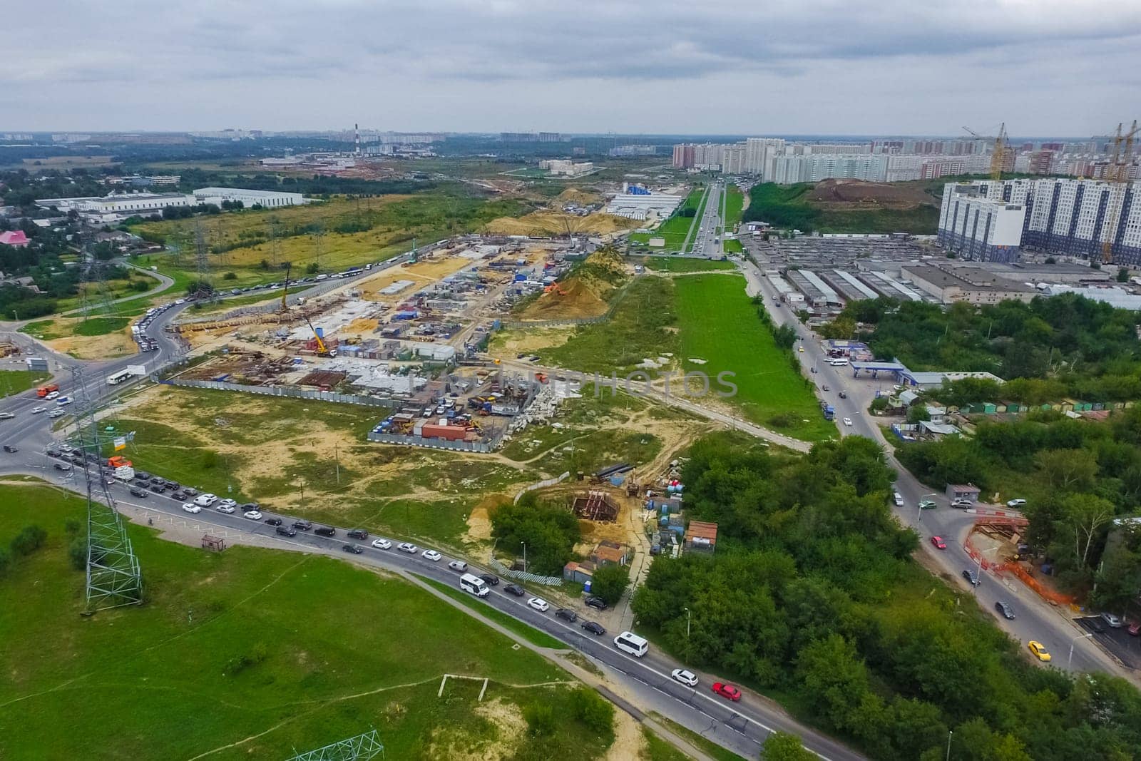 Top view of the city of Moscow, buildings and roads and other infrastructure of the city. Cityscape view from above.