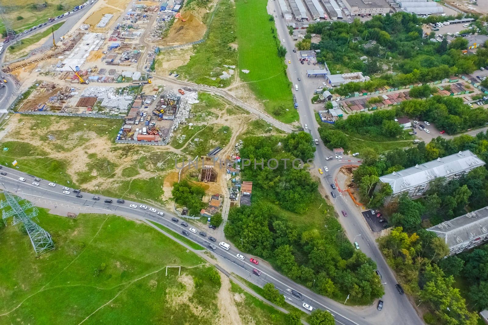 Top view of the city of Moscow, buildings and roads and other infrastructure of the city. Cityscape view from above.