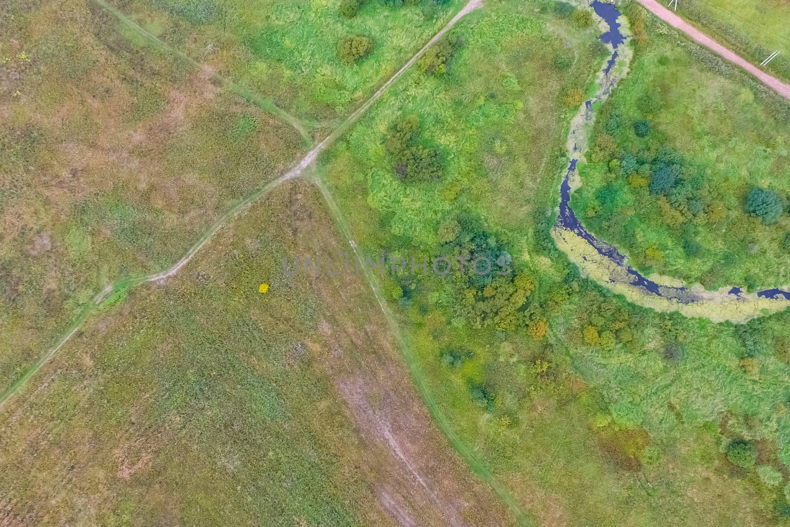 Top view of the village, fields and forests near the village