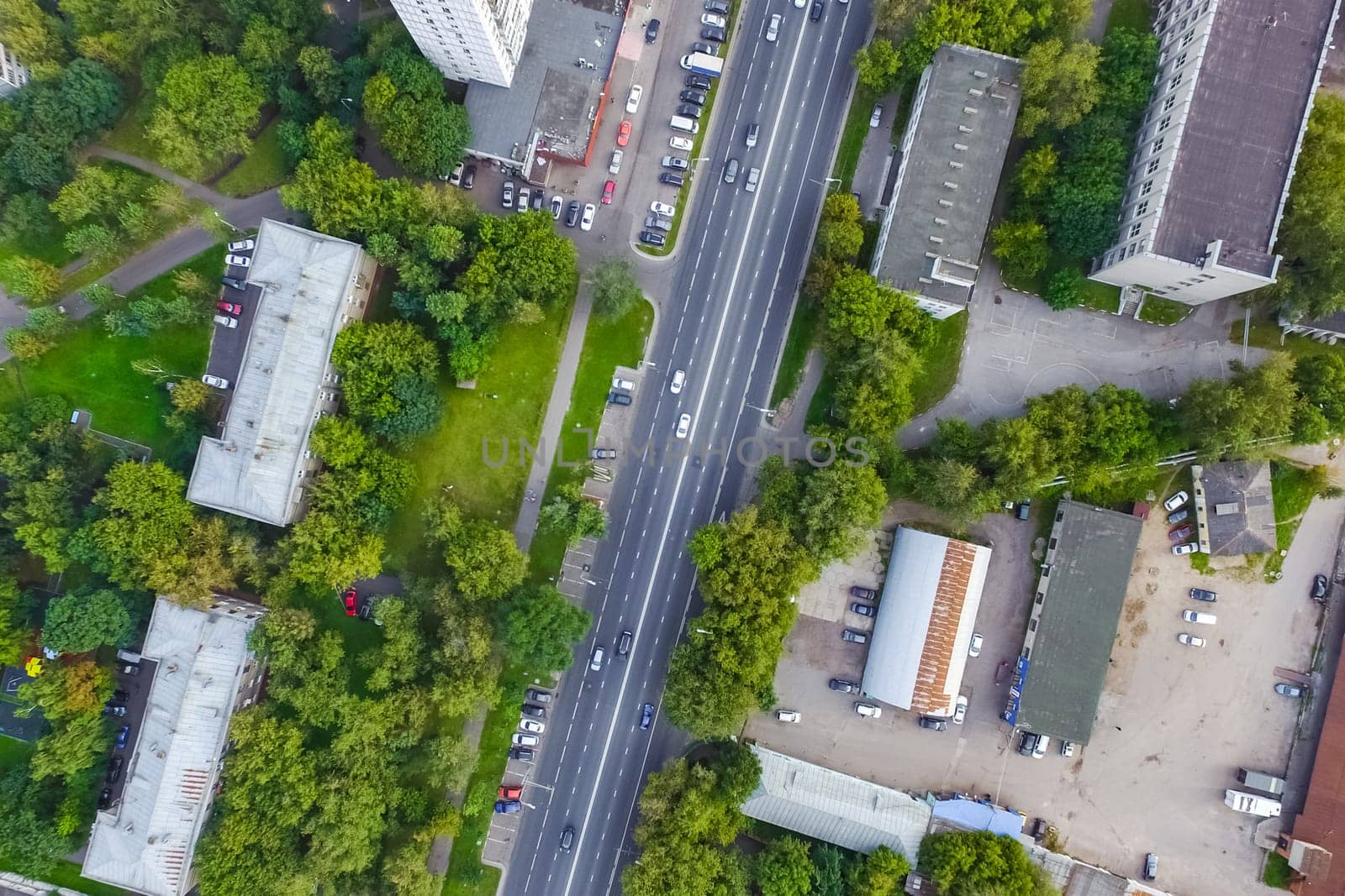 Top view of the city of Moscow, buildings and roads and other infrastructure of the city. Cityscape view from above.