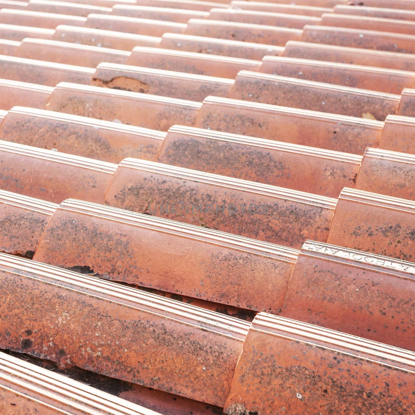 Old tiled roof. Close up of the red clay roof tiles. Background of old roof.