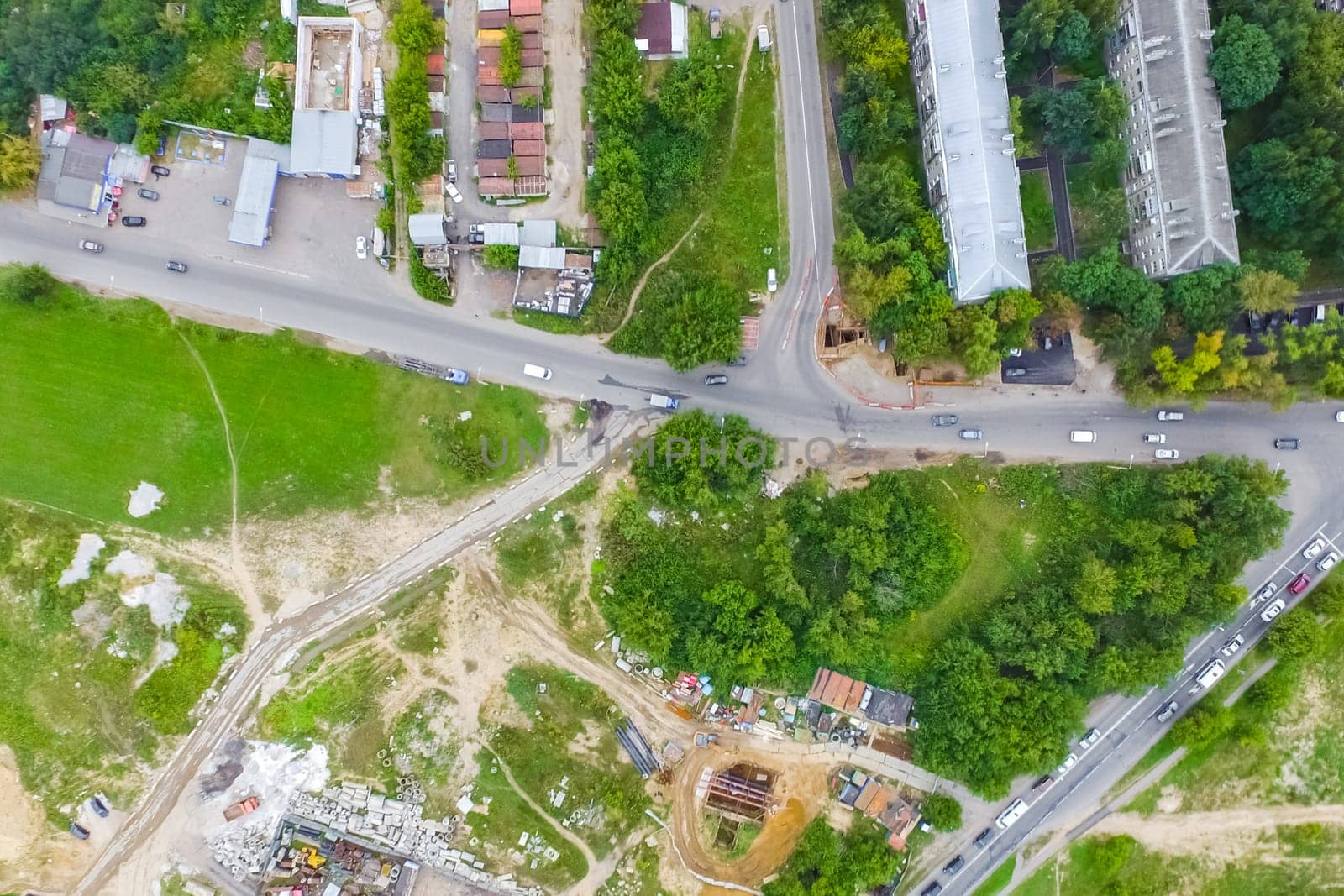 Top view of the city of Moscow, buildings and roads and other infrastructure of the city. Cityscape view from above.