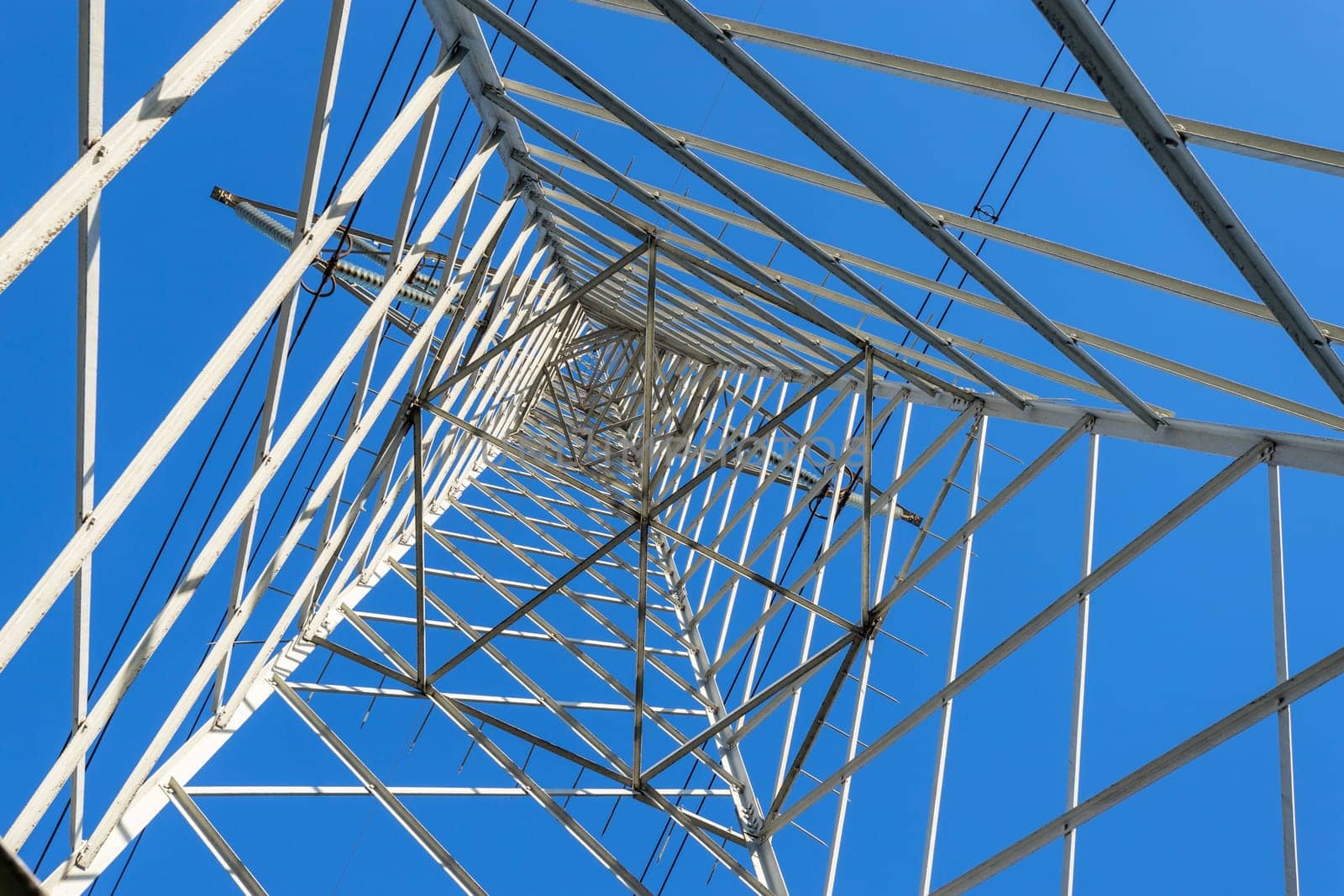 High Voltage Electricity Grid Pylon seen from below and blue sky