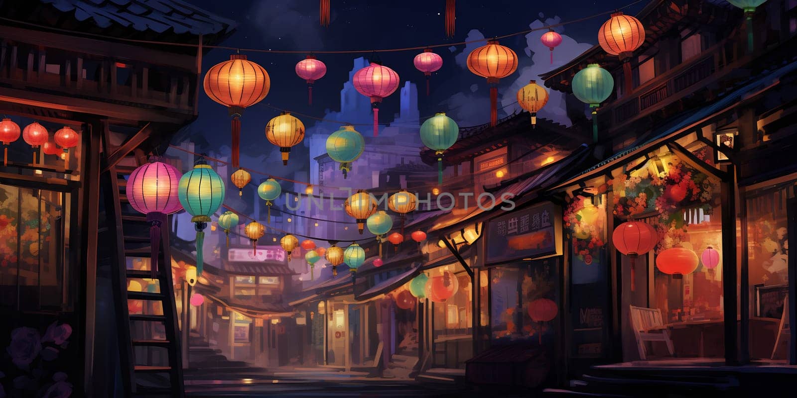 A painting depicting a vibrant street at night adorned with paper lanterns, creating a warm and colorful ambiance.