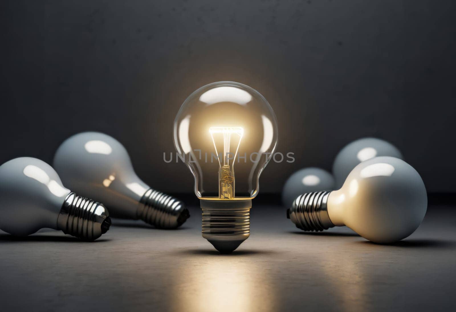 A single glowing light bulb standing upright among several unlit bulbs on a dark background, symbolizing innovation and ideas.
