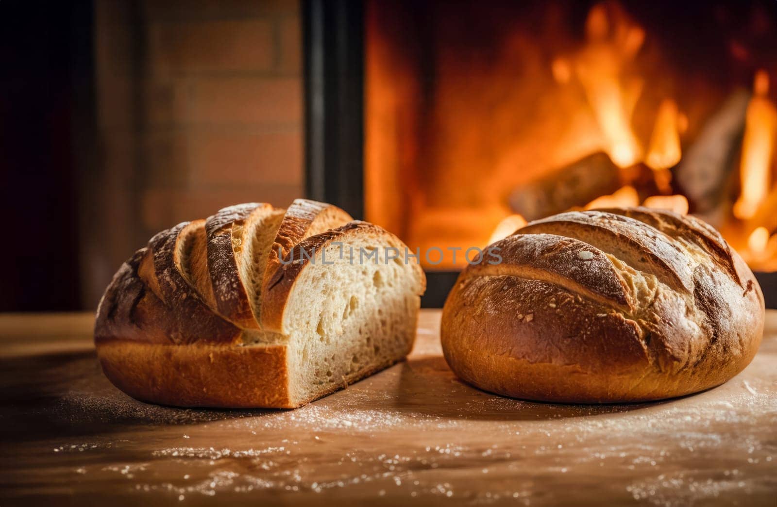 Two freshly baked bread loaves on a wooden table, with one sliced open, placed in front of a warm fireplace.