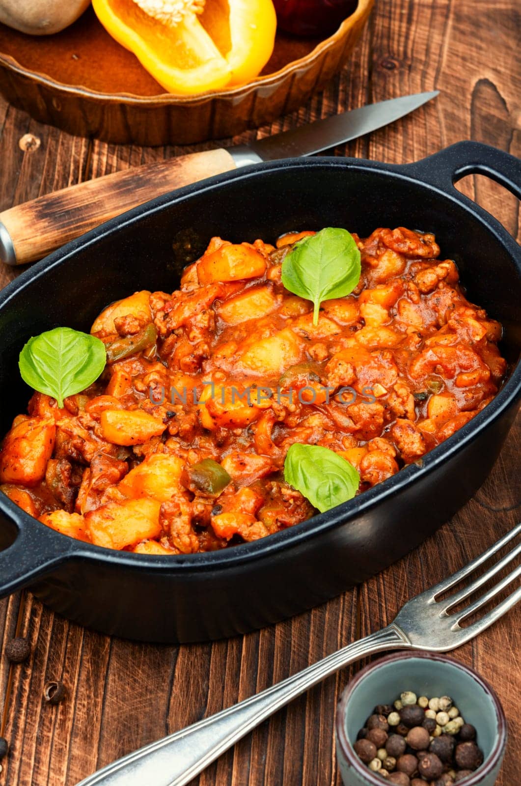 Stewed potatoes with minced turkey. German cuisine. Copy space.