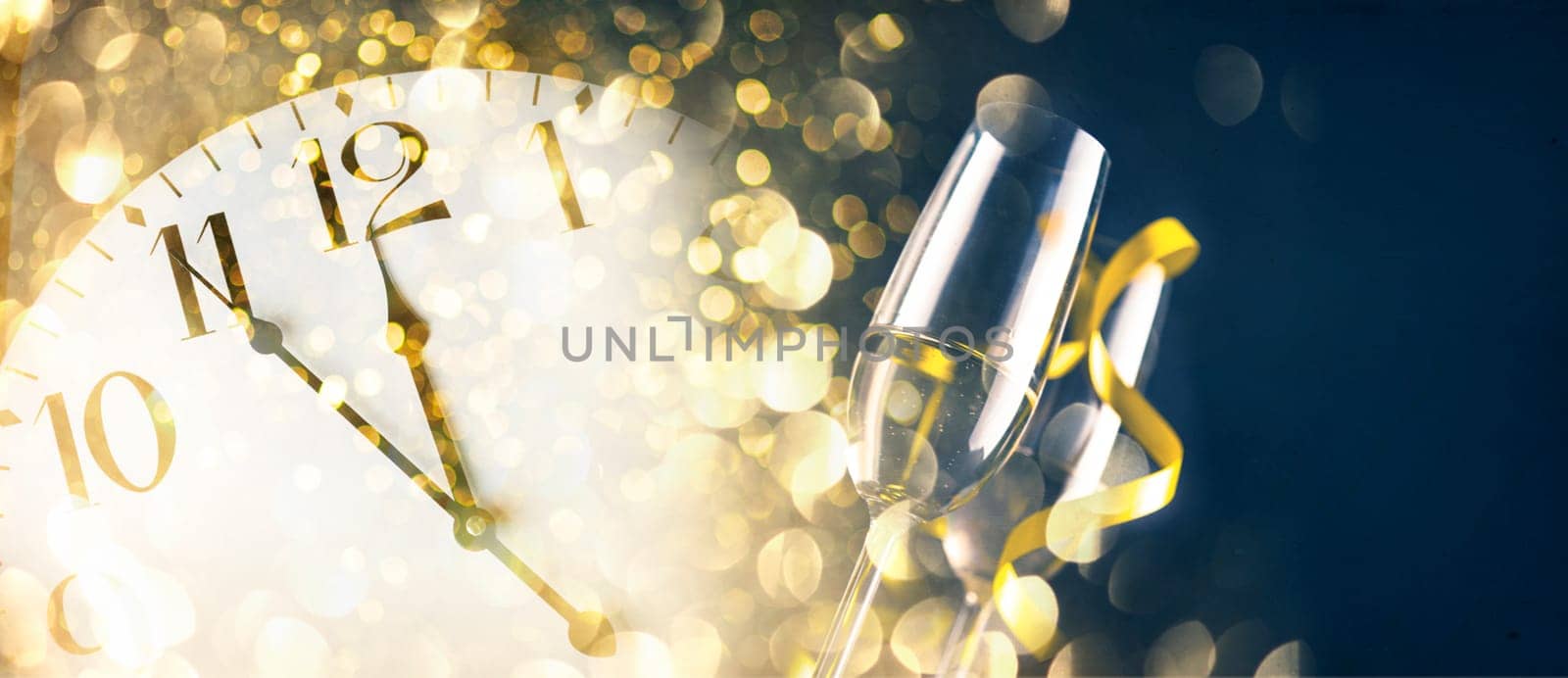 New year eve celebration with champagne flutes and midnight countdown  on golden firework bokeh background. Christmas party with blur confetti glitter, classy drink and vintage clock.