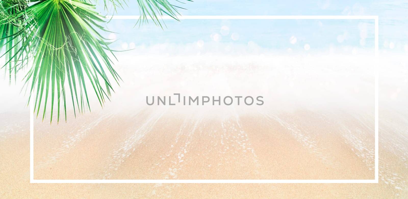 Summer holiday travel background design. Sand and sea landscape with palm tree. Tropical sandy beach with frame banner.