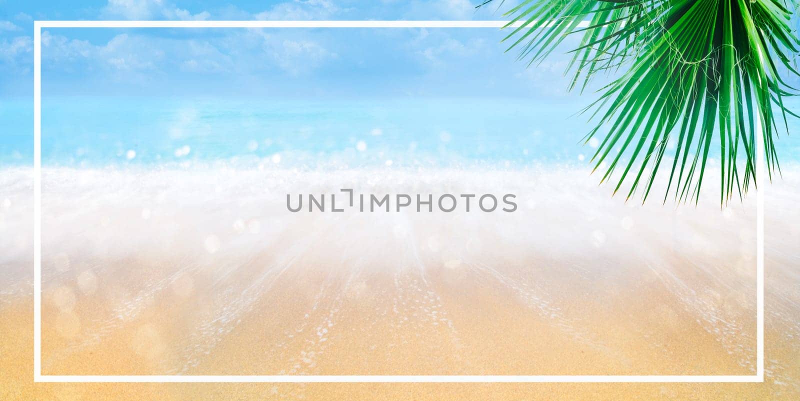 Summer holiday travel background design. Sand and sea landscape with palm tree. Tropical sandy beach with frame banner.