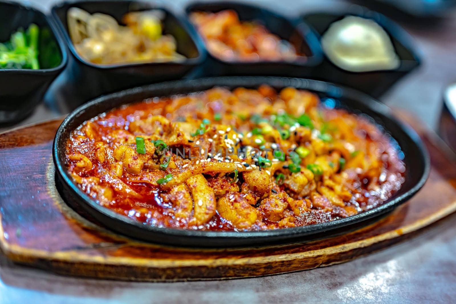 Traditional bulgogi chicken served in Korean restaurant.
