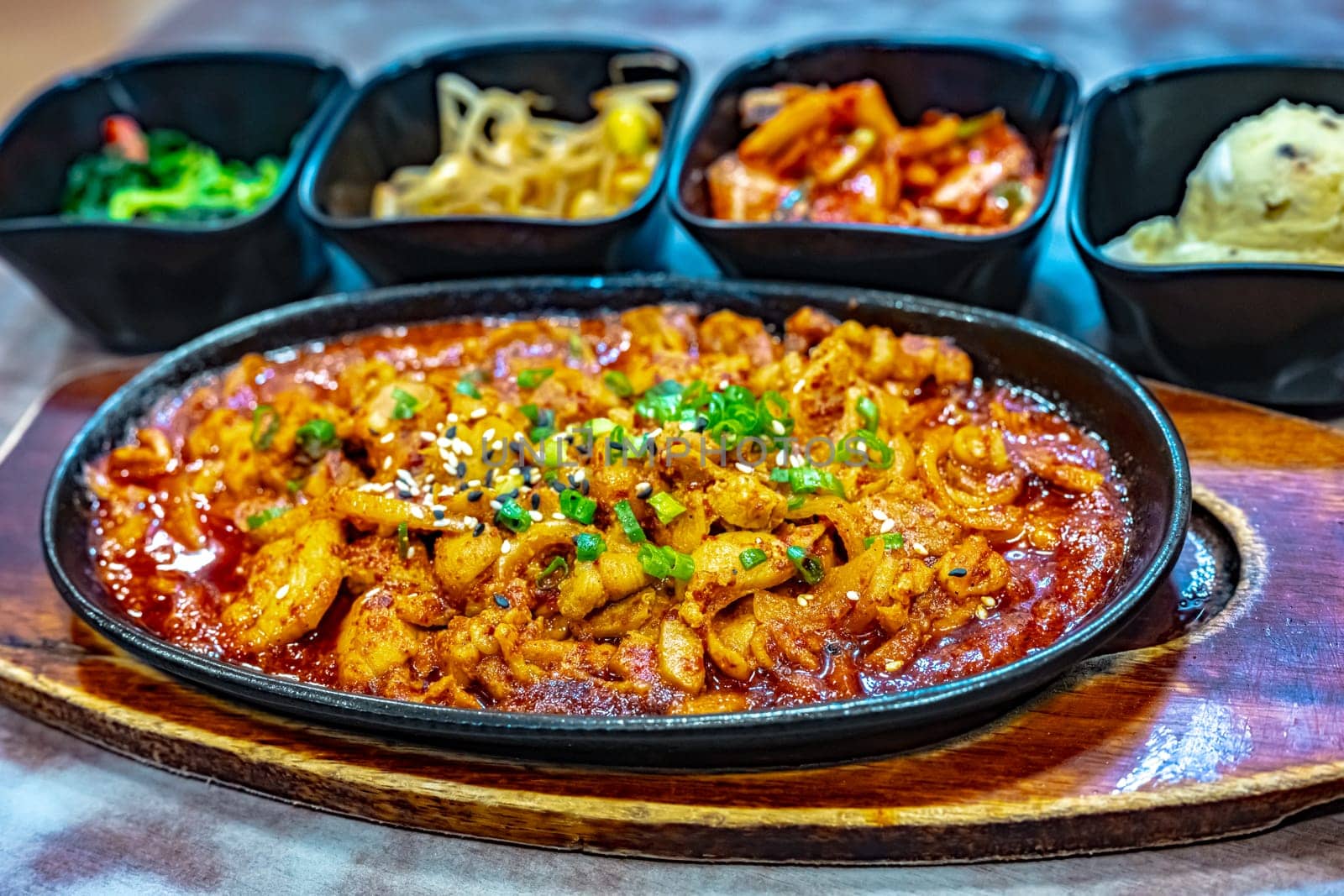 Traditional bulgogi chicken served in Korean restaurant.
