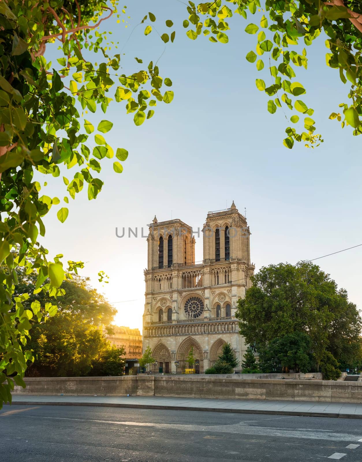 Notre Dame de Paris and park in early morning, France