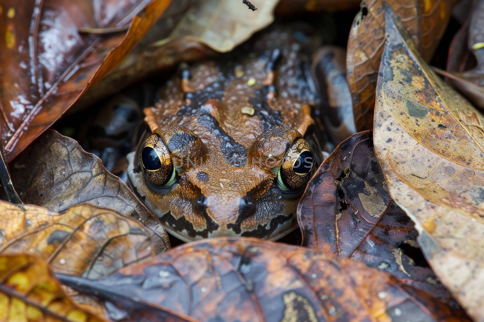 Close up of a frog camouflaged among leaves, showcasing the diversity of amphibians in ecosystems