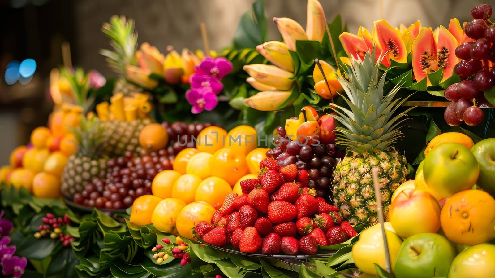 A table full of fresh fruits and s, including apples, oranges, and strawberries