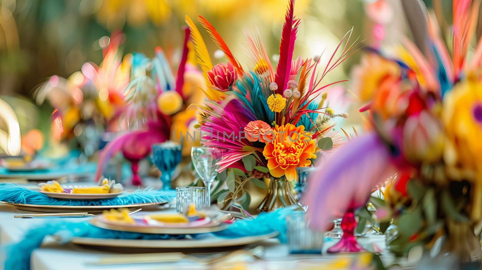 Colorful bohemian feathers adding a whimsical touch to a white setting