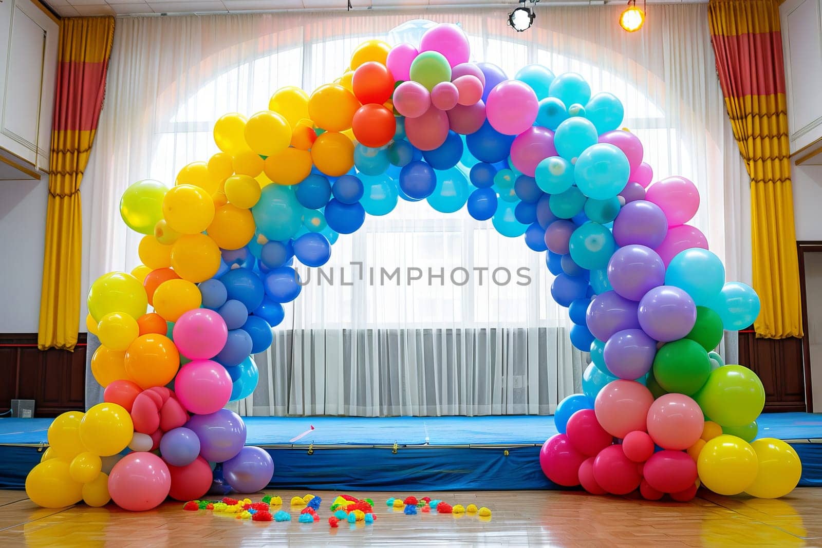 Colorful balloon arch framing a stage at a school event, creating a fun and festive atmosphere