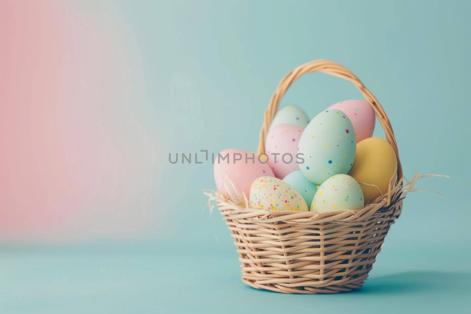Colorful Easter eggs arranged in a basket against a pastel background