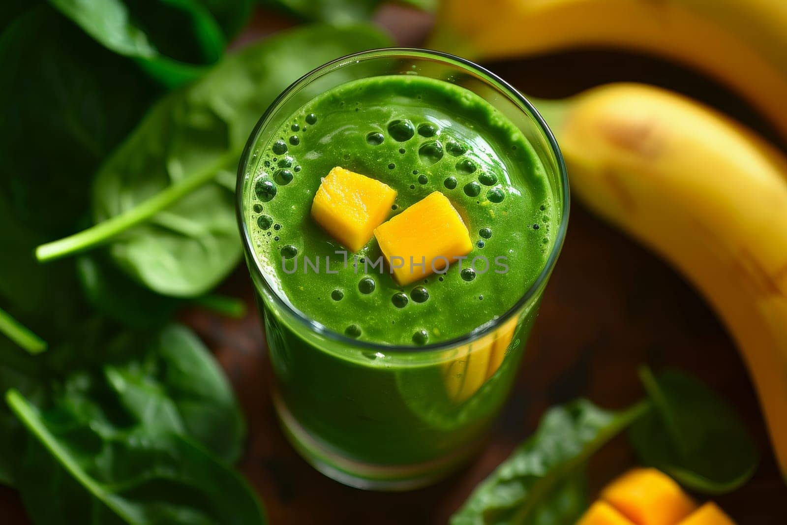 Close-up of a smoothie made with spinach, mango, banana, and coconut water, a nutritious and energizing beverage