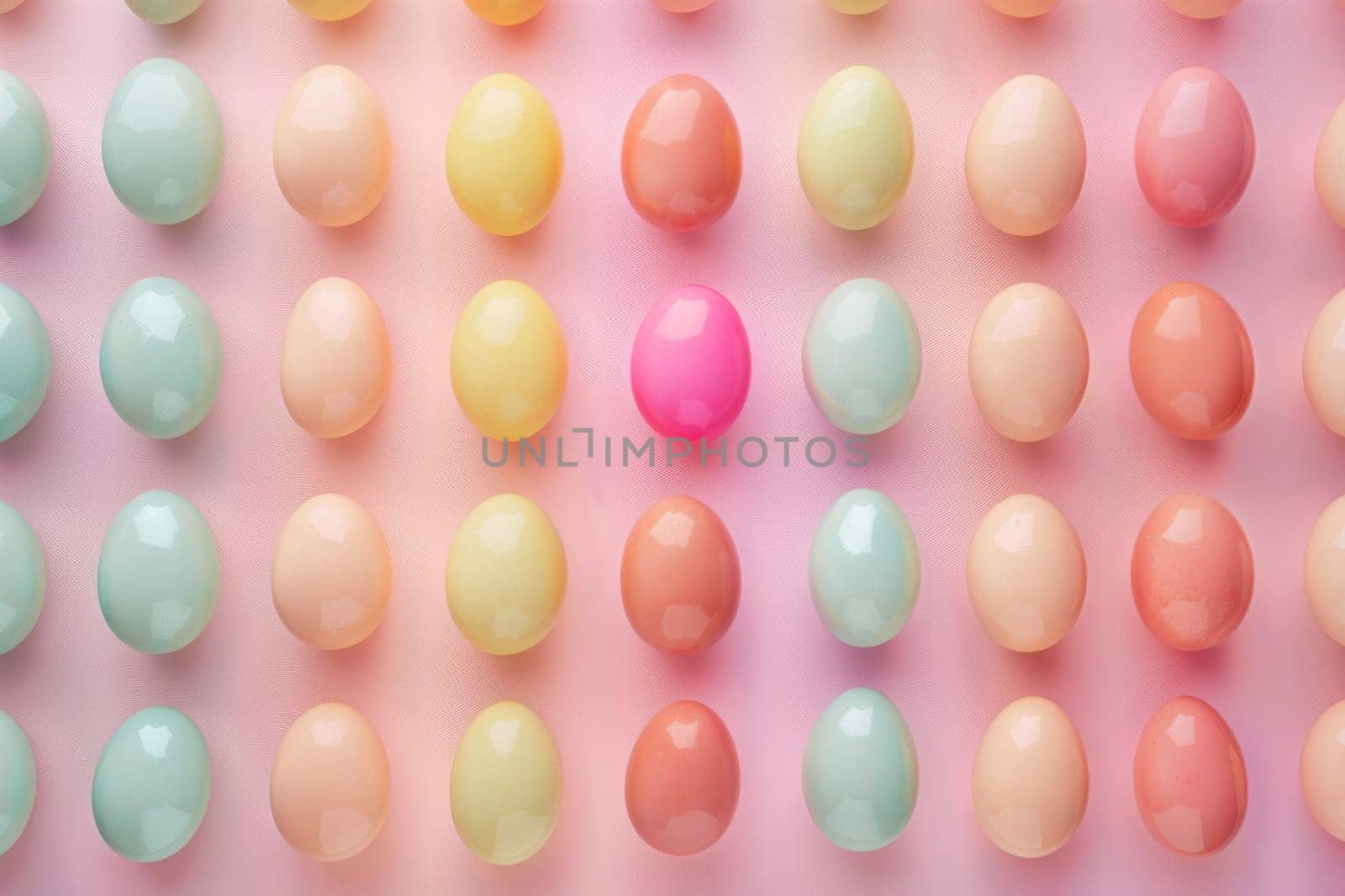 Colorful Easter eggs arranged in a pattern against a pastel backdrop