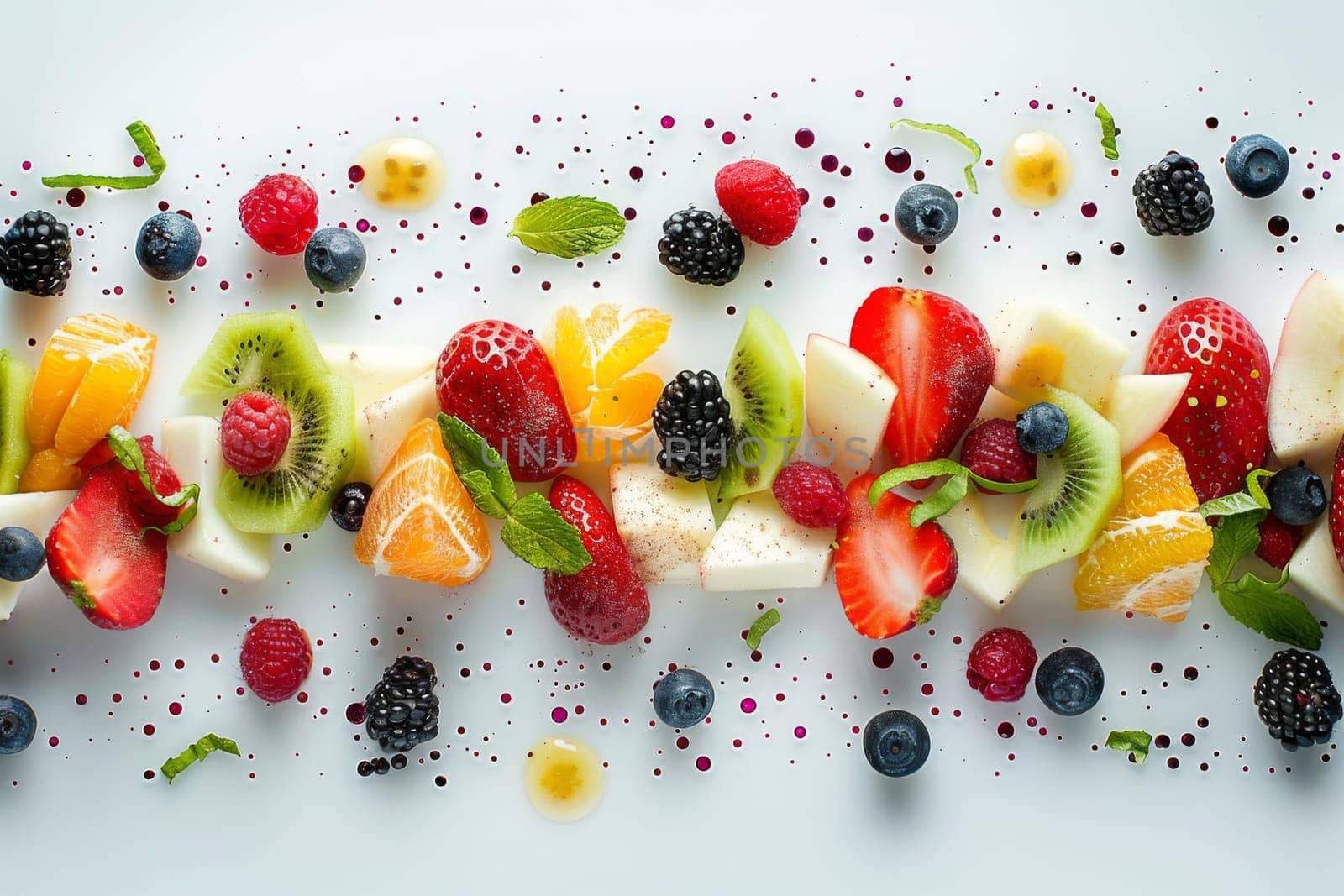 Colorful fruit salad arranged beautifully on a transparent white surface