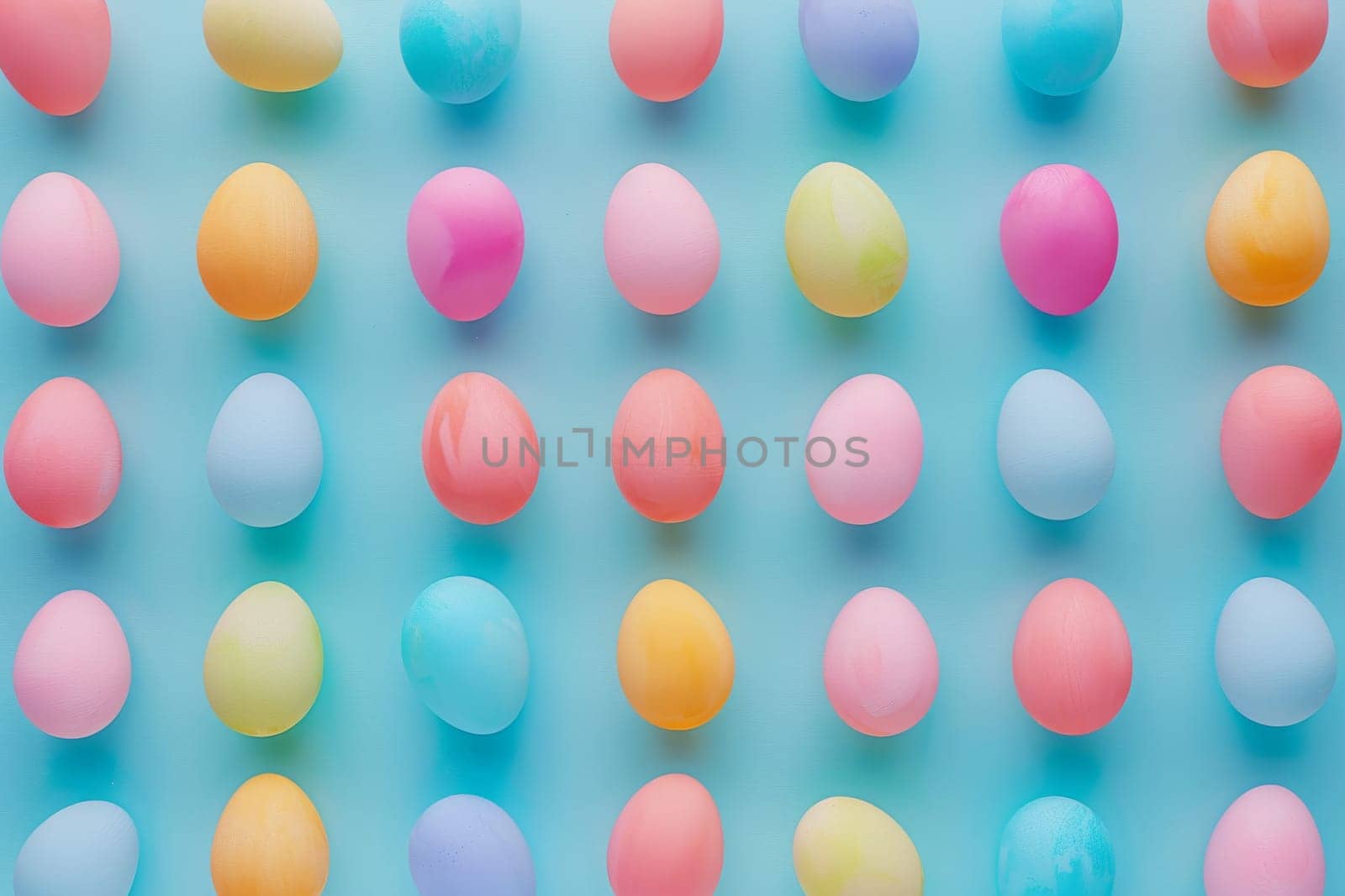 Colorful Easter eggs arranged in a pattern against a pastel backdrop